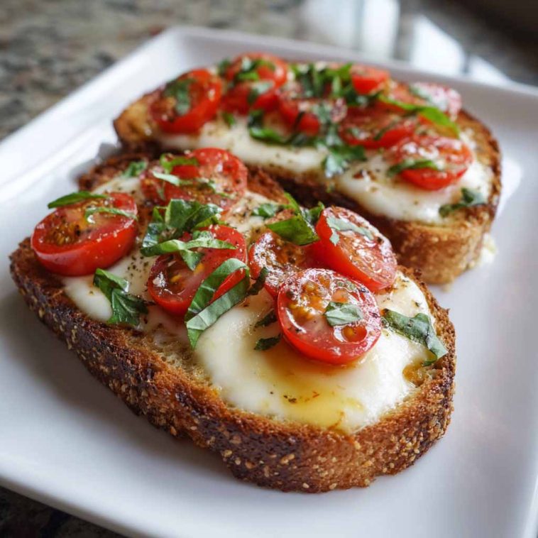 Toasted bread topped with fresh tomatoes, mozzarella cheese, and basil leaves, drizzled with olive oil.