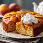 Moist peach cake topped with juicy fresh peaches, baked to golden perfection.