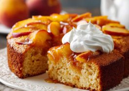 Moist peach cake topped with juicy fresh peaches, baked to golden perfection.