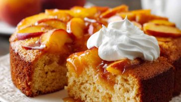 Moist peach cake topped with juicy fresh peaches, baked to golden perfection.