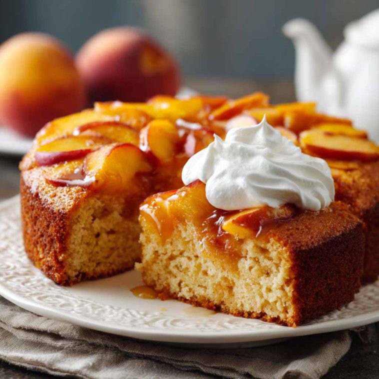 Moist peach cake topped with juicy fresh peaches, baked to golden perfection.