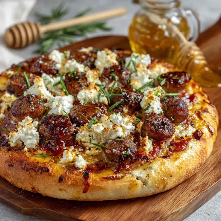 Crispy pizza topped with sausage, ricotta cheese, melted cheese, and drizzled with hot honey.