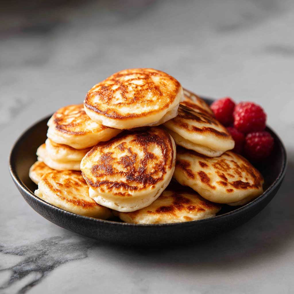 Stack of fluffy mini pancakes topped with berries and syrup