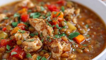 A hearty bowl of chicken lentil soup filled with tender chicken pieces, lentils, carrots, and fresh herbs, served with crusty bread on the side.