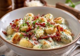 Millionaire gnocchi in creamy garlic parmesan sauce served in a bowl