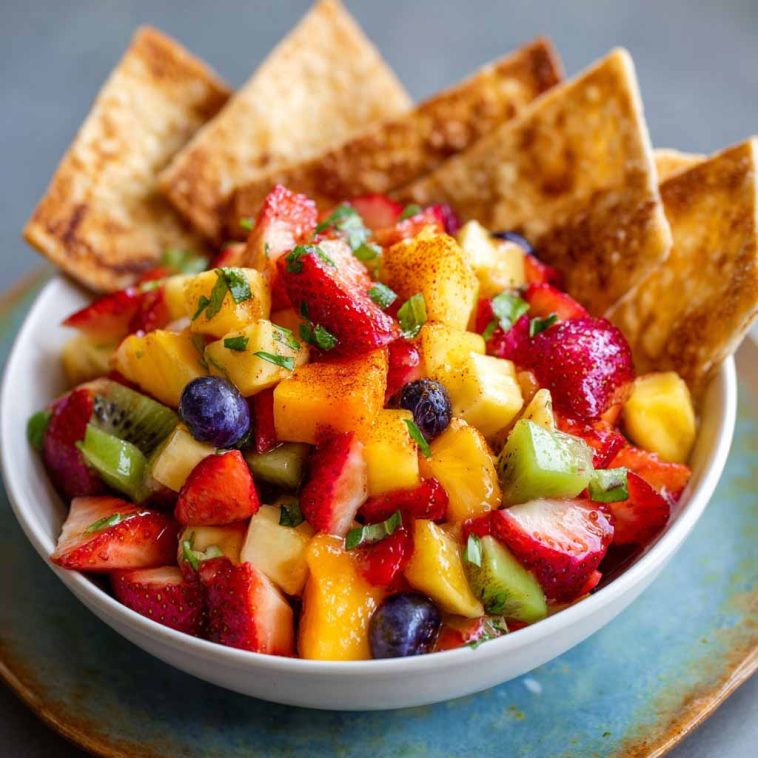 A colorful bowl of fresh fruit salsa made with strawberries, kiwi, and pineapple, served alongside golden cinnamon sugar tortilla chips on a wooden platter.