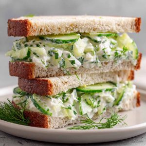 Fresh cucumber salad sandwiches with cream cheese and herbs on a plate.