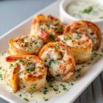 Creamy garlic parmesan shrimp roll-ups filled with juicy shrimp and cheese, baked until golden and bubbly.