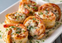 Creamy garlic parmesan shrimp roll-ups filled with juicy shrimp and cheese, baked until golden and bubbly.