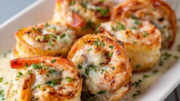 Creamy garlic parmesan shrimp roll-ups filled with juicy shrimp and cheese, baked until golden and bubbly.