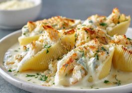Jumbo pasta shells stuffed with shrimp and crab in a creamy Alfredo sauce, baked until bubbly and golden.