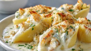 Jumbo pasta shells stuffed with shrimp and crab in a creamy Alfredo sauce, baked until bubbly and golden.