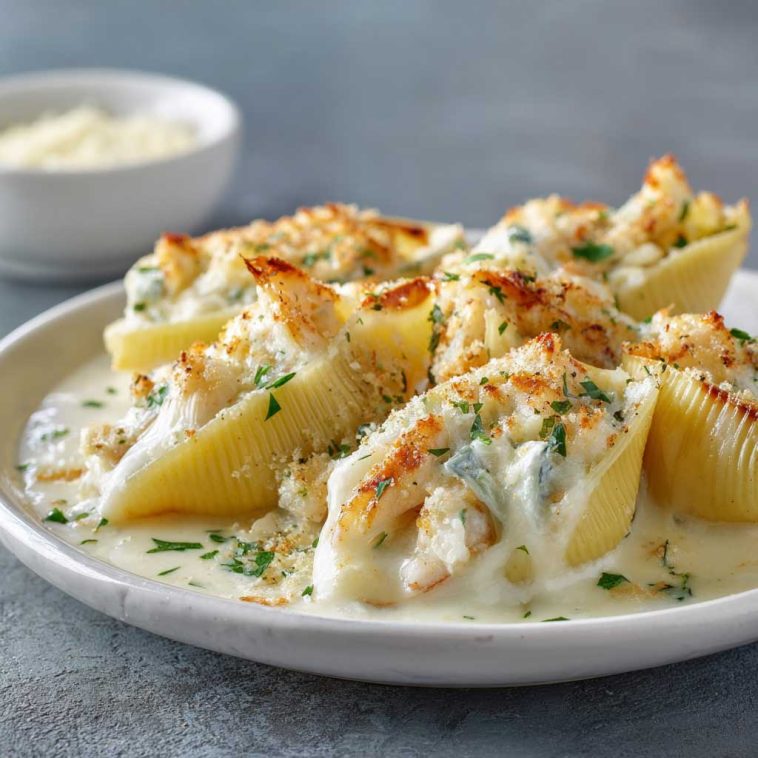 Jumbo pasta shells stuffed with shrimp and crab in a creamy Alfredo sauce, baked until bubbly and golden.