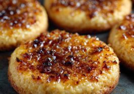 Crème brûlée cookies with caramelized sugar topping on a plate
