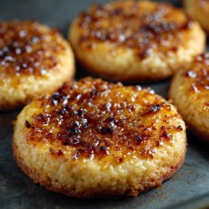 Crème brûlée cookies with caramelized sugar topping on a plate