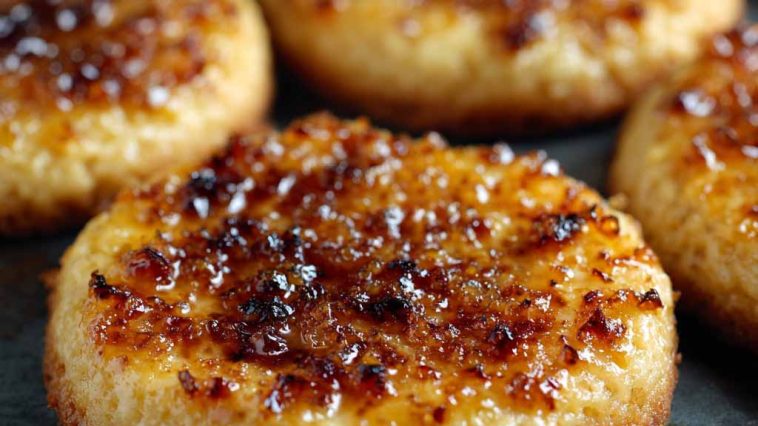 Crème brûlée cookies with caramelized sugar topping on a plate