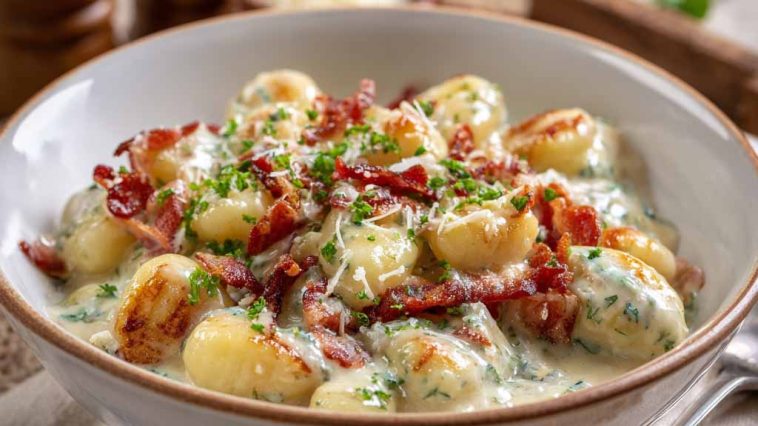 Millionaire gnocchi in creamy garlic parmesan sauce served in a bowl