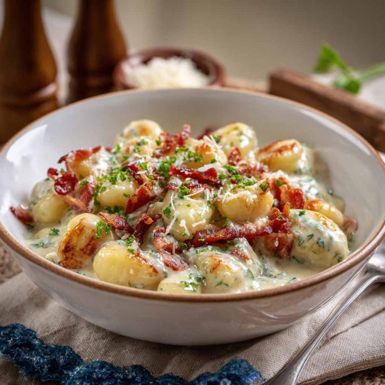 Millionaire gnocchi in creamy garlic parmesan sauce served in a bowl