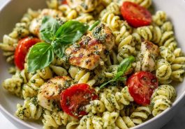Light pesto pasta with grilled chicken, fresh basil, and a light sauce tossed with tender pasta.