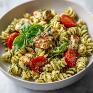 Light pesto pasta with grilled chicken, fresh basil, and a light sauce tossed with tender pasta.