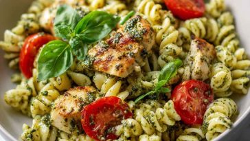 Light pesto pasta with grilled chicken, fresh basil, and a light sauce tossed with tender pasta.