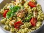Light pesto pasta with grilled chicken, fresh basil, and a light sauce tossed with tender pasta.