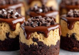 Chocolate chip cookie dough brownie bites with fudgy brownie base and soft cookie dough topping.