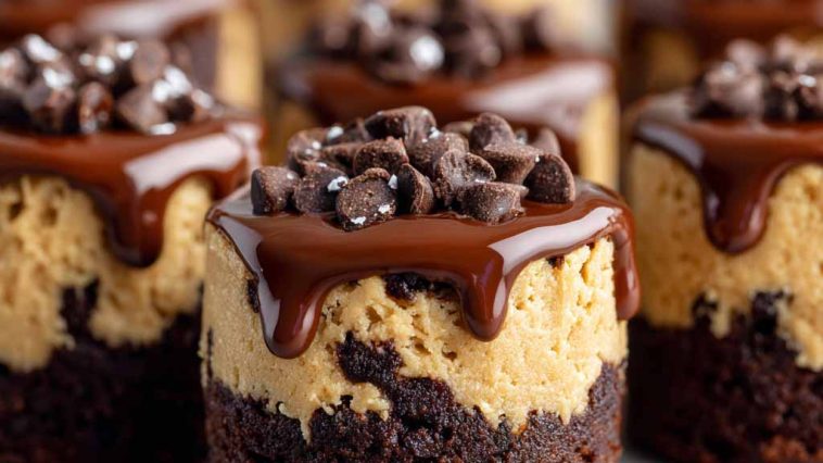Chocolate chip cookie dough brownie bites with fudgy brownie base and soft cookie dough topping.