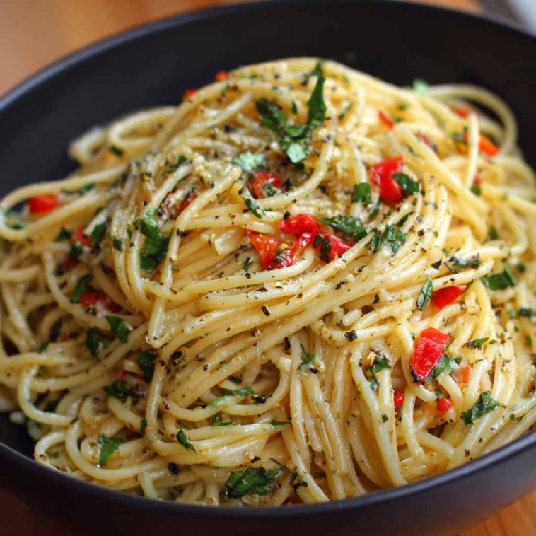 A rustic plate of Italian pasta tossed in garlic olive oil sauce, garnished with fresh parsley and Parmesan cheese, served with crusty bread.