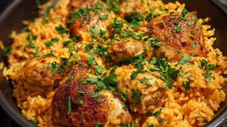 One-pot Portuguese chicken and rice with spicy peri-peri seasoning, tender chicken, and flavorful rice.