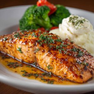 Grilled salmon fillet glazed with a sweet and savory sauce, served with lemon and herbs.