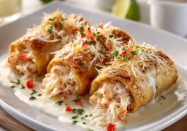 Crab and shrimp queso rollo filled with creamy cheese and seafood, sliced into bite-sized rolls.