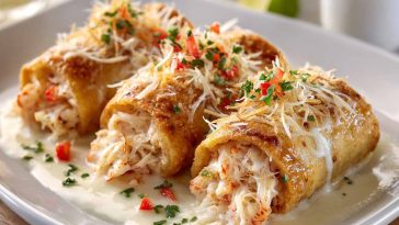 Crab and shrimp queso rollo filled with creamy cheese and seafood, sliced into bite-sized rolls.