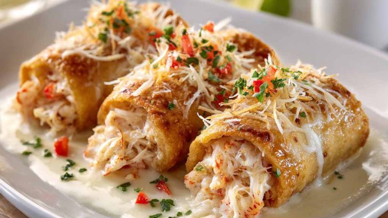 Crab and shrimp queso rollo filled with creamy cheese and seafood, sliced into bite-sized rolls.