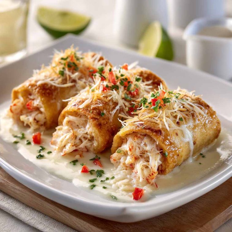 Crab and shrimp queso rollo filled with creamy cheese and seafood, sliced into bite-sized rolls.