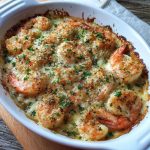 Garlic shrimp gratin baked with creamy sauce and golden melted cheese on top.