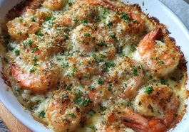 Garlic shrimp gratin baked with creamy sauce and golden melted cheese on top.