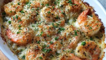 Garlic shrimp gratin baked with creamy sauce and golden melted cheese on top.
