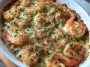 Garlic shrimp gratin baked with creamy sauce and golden melted cheese on top.