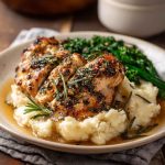 Garlic herb chicken served with creamy mashed potatoes and a rich, savory sauce.
