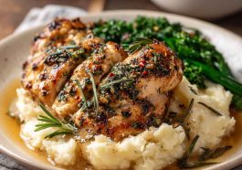 Garlic herb chicken served with creamy mashed potatoes and a rich, savory sauce.