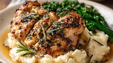 Garlic herb chicken served with creamy mashed potatoes and a rich, savory sauce.