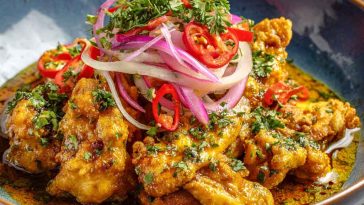 Tender chicken in creamy spicy aji amarillo sauce, a vibrant Peruvian-inspired dish.