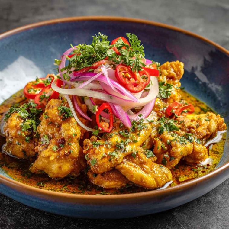Tender chicken in creamy spicy aji amarillo sauce, a vibrant Peruvian-inspired dish.