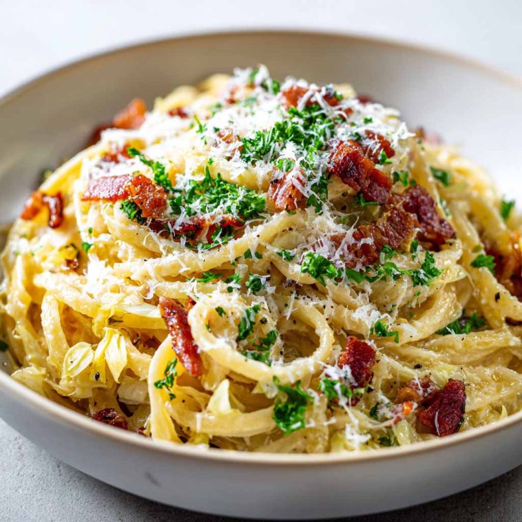 Creamy cabbage carbonara pasta with tender cabbage and a rich silky sauce.