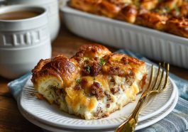 Golden croissant breakfast casserole baked with eggs and cheese, fluffy and rich.