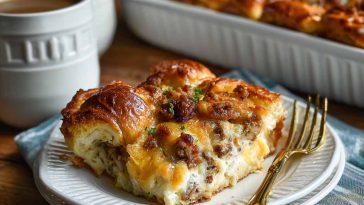 Golden croissant breakfast casserole baked with eggs and cheese, fluffy and rich.