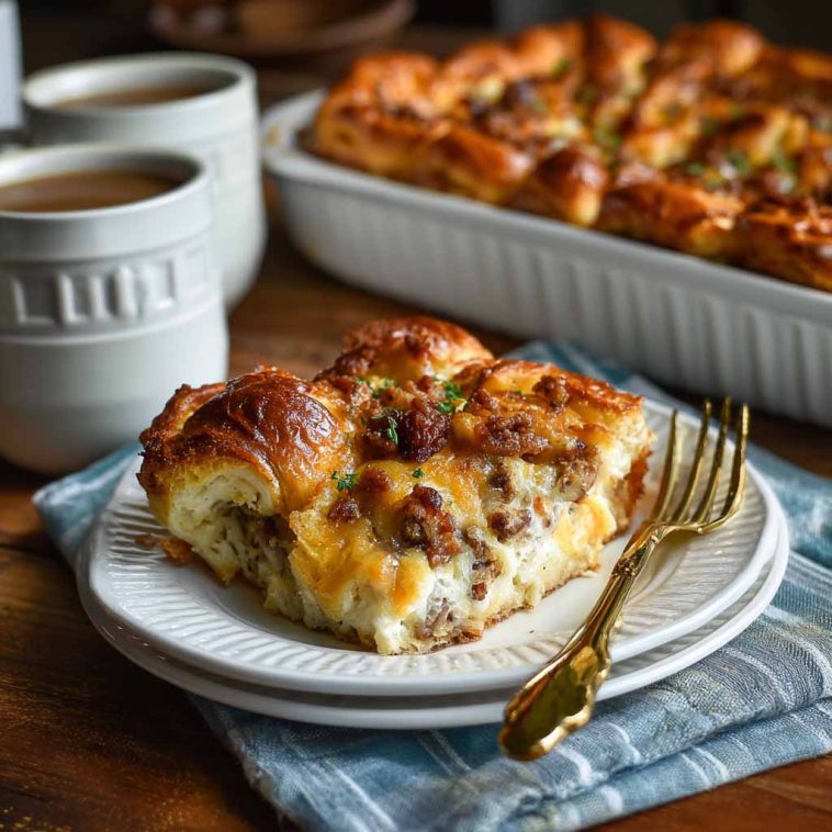 Golden croissant breakfast casserole baked with eggs and cheese, fluffy and rich.