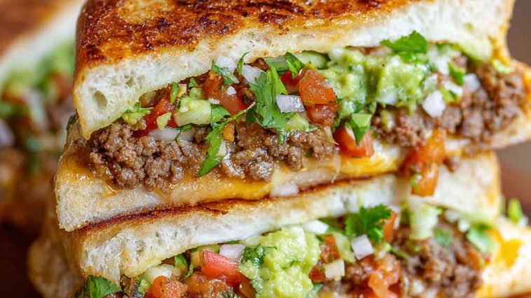 Toasted sandwich filled with seasoned ground beef, melted cheese, and fresh toppings.