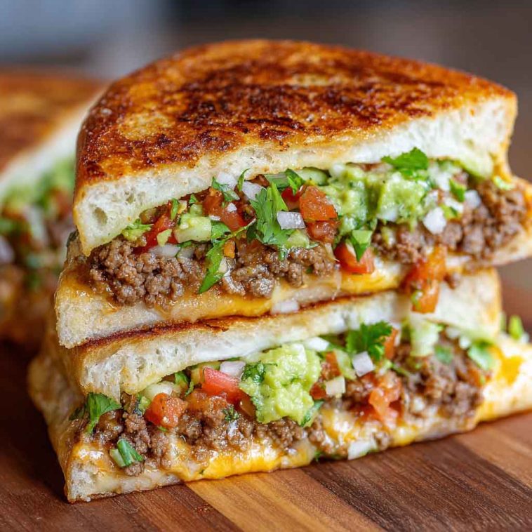 Toasted sandwich filled with seasoned ground beef, melted cheese, and fresh toppings.
